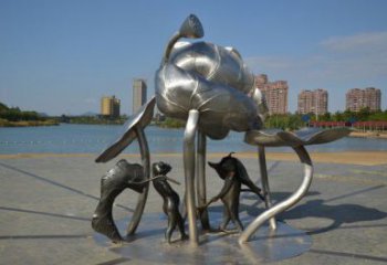 建鄴蓮蓬嬉戲雕塑，城市植物景觀雕塑，不銹鋼鏡面效果